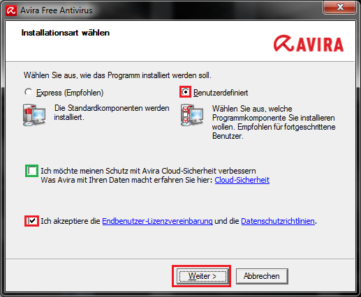 Optionen der Avira Free Antivirus Installation 