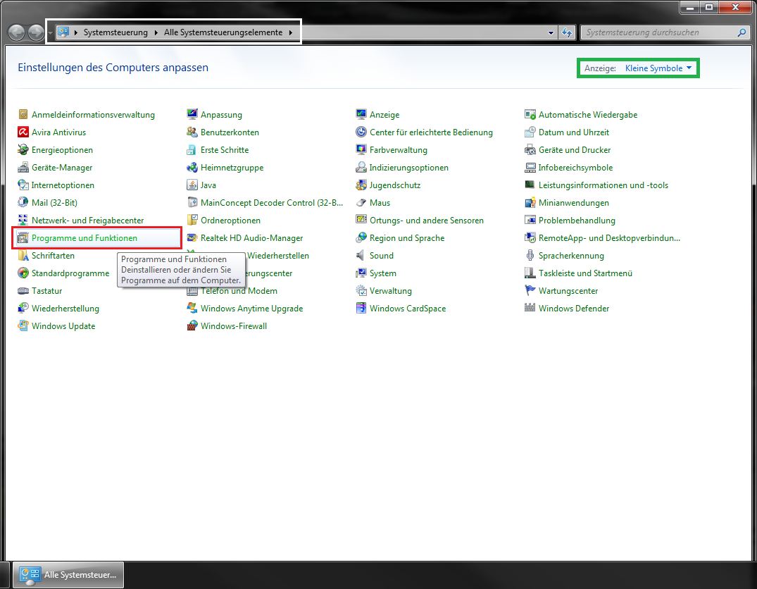 Windows 7 Systemsteuerung / Programme und Funktionen