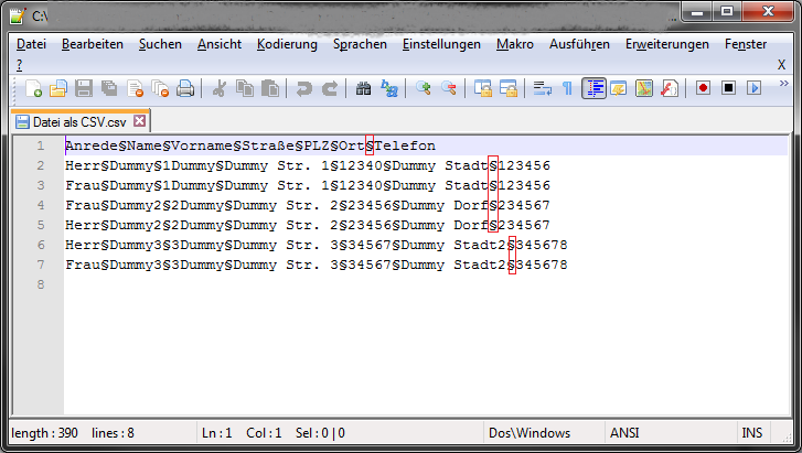 CSV-Datei mit Notepad++ Editor geöffnet