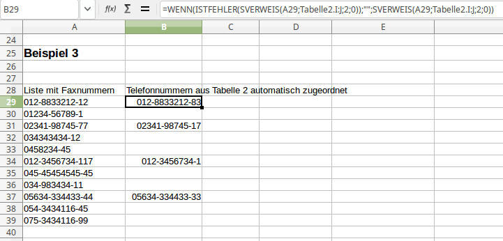 Telefonnummern anhand der Faxnummern per Sverweis herausfinden