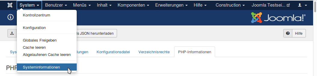 Zu den Systeminformationen - Reiter PHP-Informationen