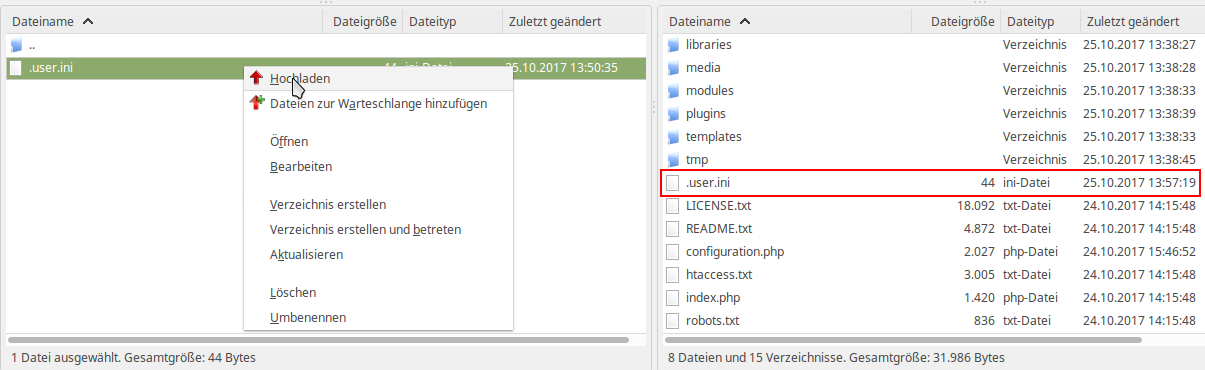 Die .user.ini Datei in das Hauptverzeichnis der Joomla Installation hochladen
