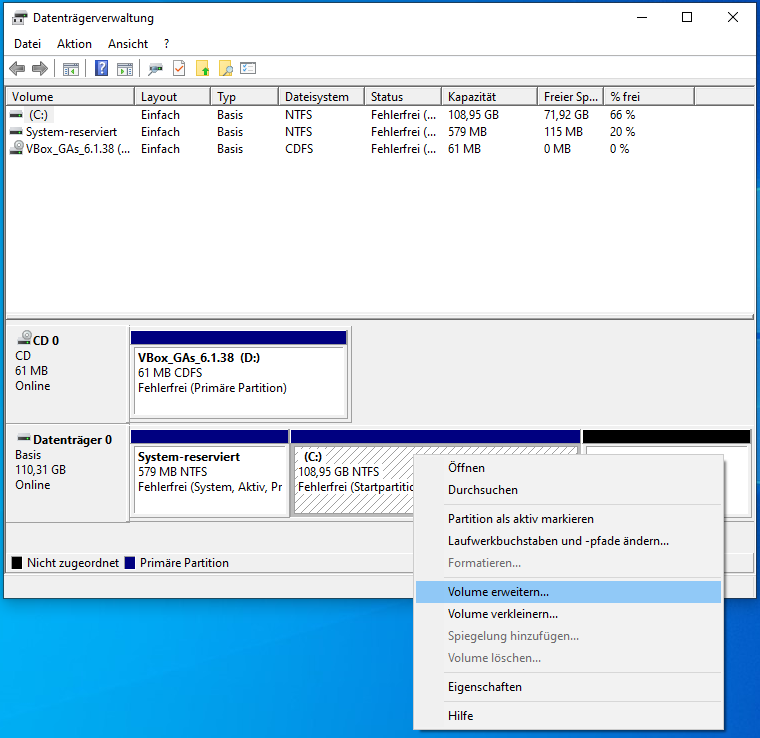 Windows Datenträgerverwaltung - Volume Erweitern im Kontextmenü auswählen