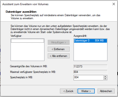 Windows Datenträgerverwaltung - Assistent zum Erweitern von Volumes