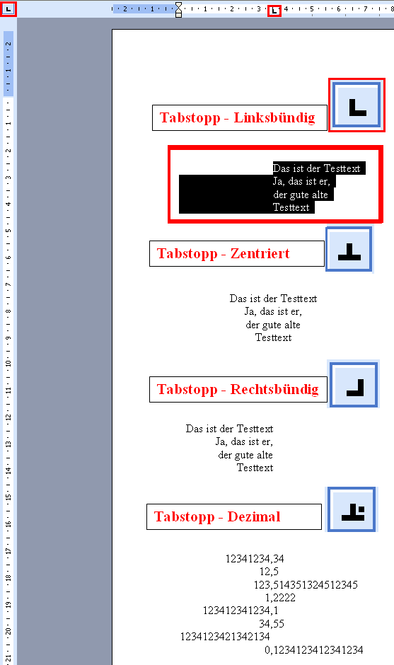 Microsoft Word - Tabstopps rechts, links, zentriert und dezimal Beispiele