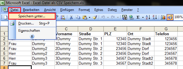 Excel: Datei speichern unter...