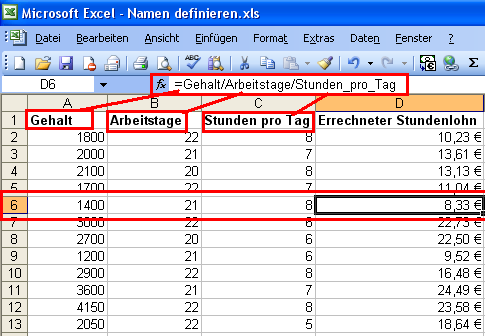 Excel - Verwendung von Formeln mit Namen