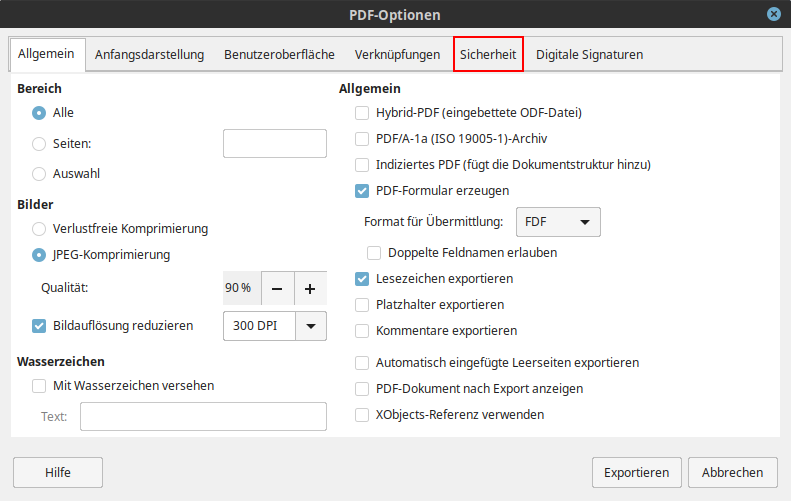 PDF Optionen - Libre Office